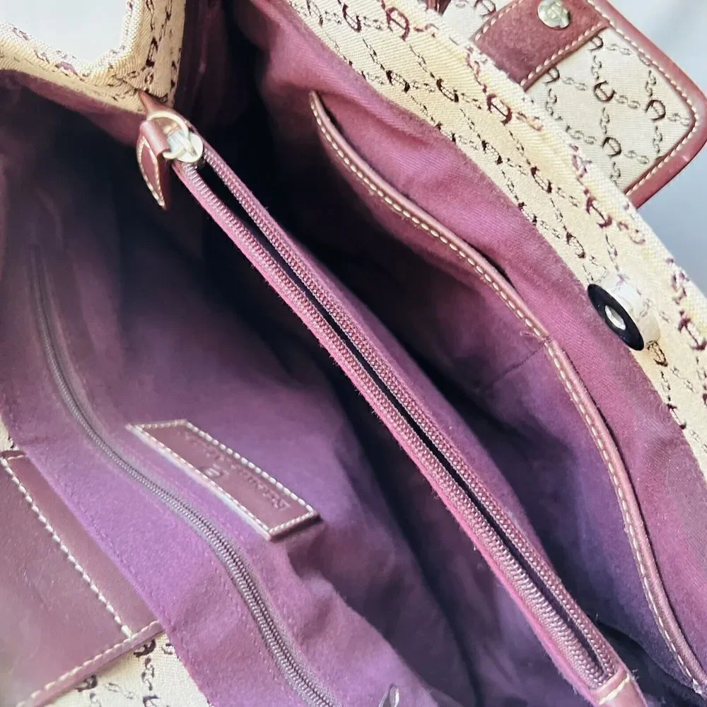 Vintage Etienne Aigner Logo Cotton Leather Travel Tote Bag Double Pocket Satchel